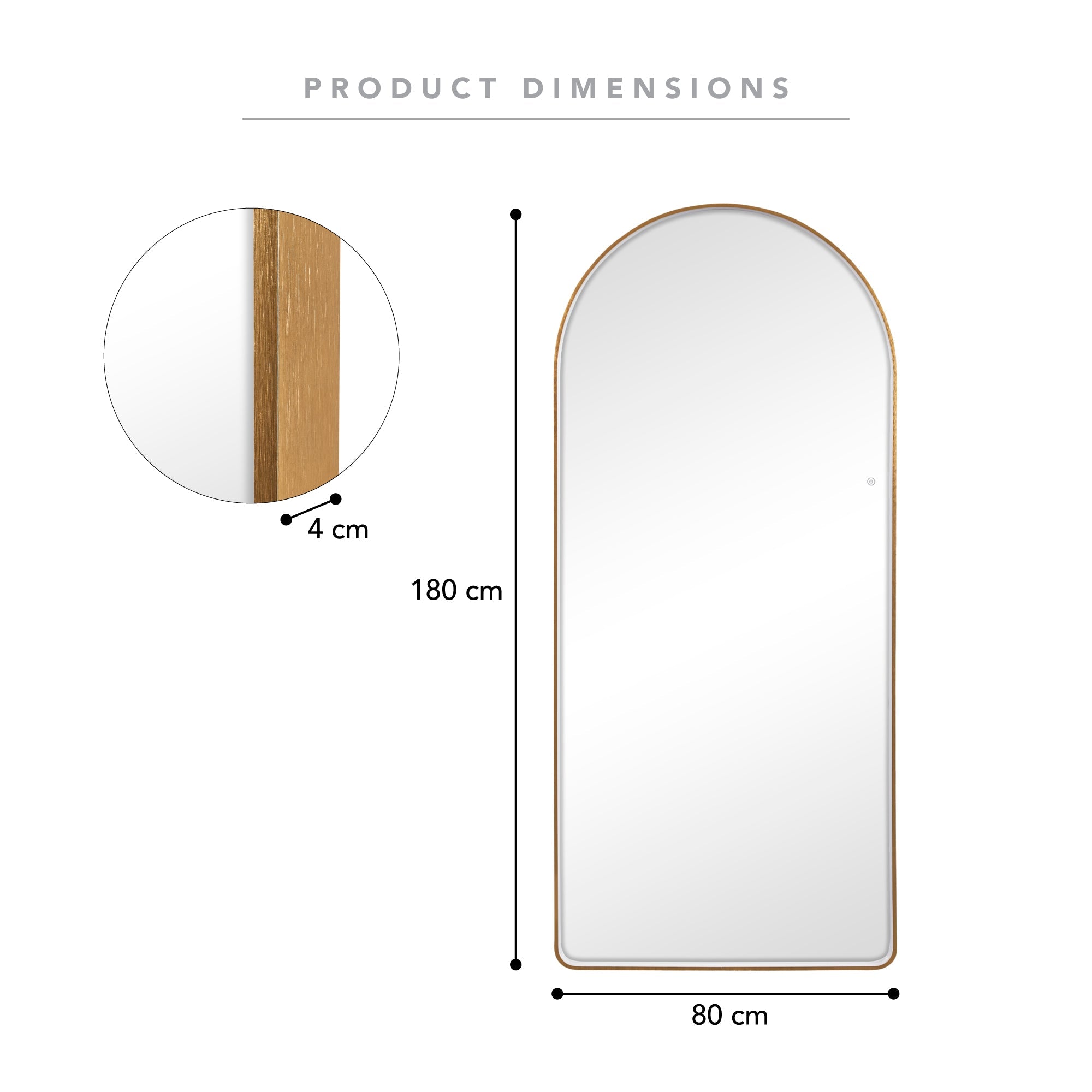 Luna 180cm Arch Front Illuminated Mirror Gold