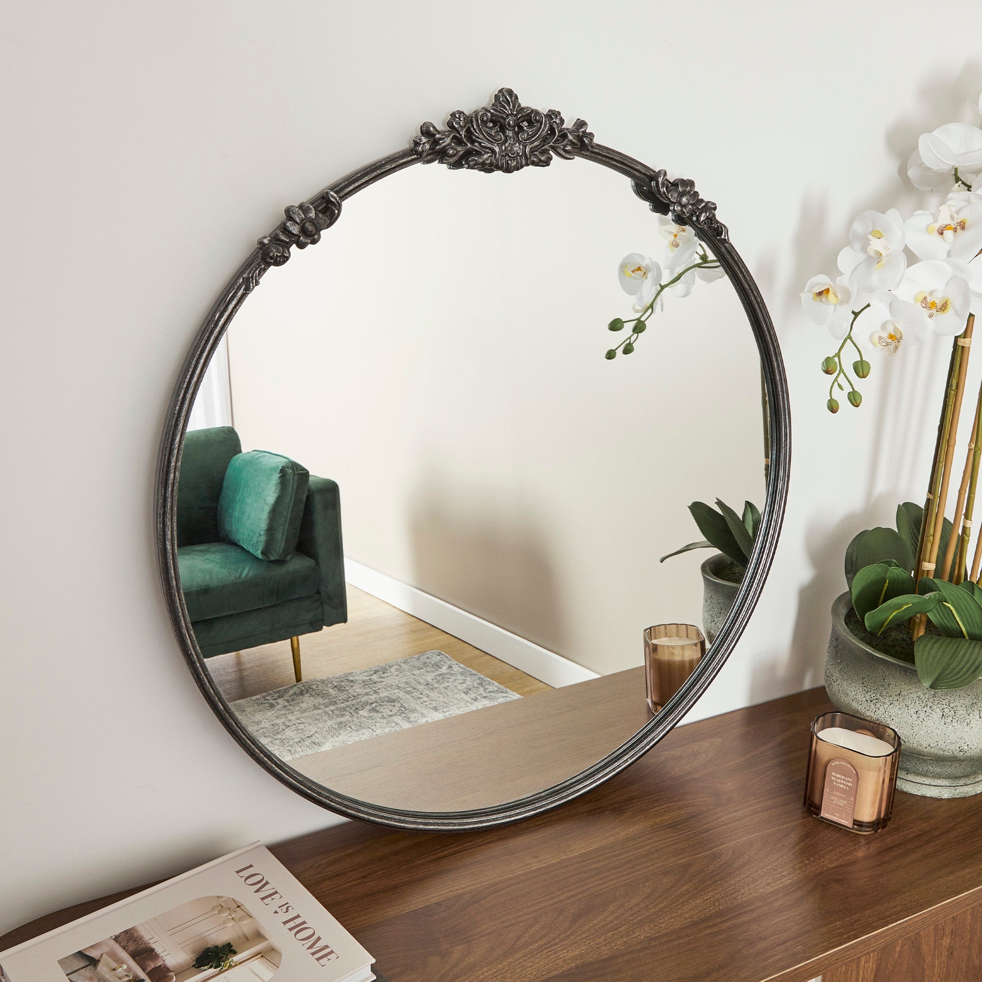 Florence 80cm Baroque Round Mirror Black