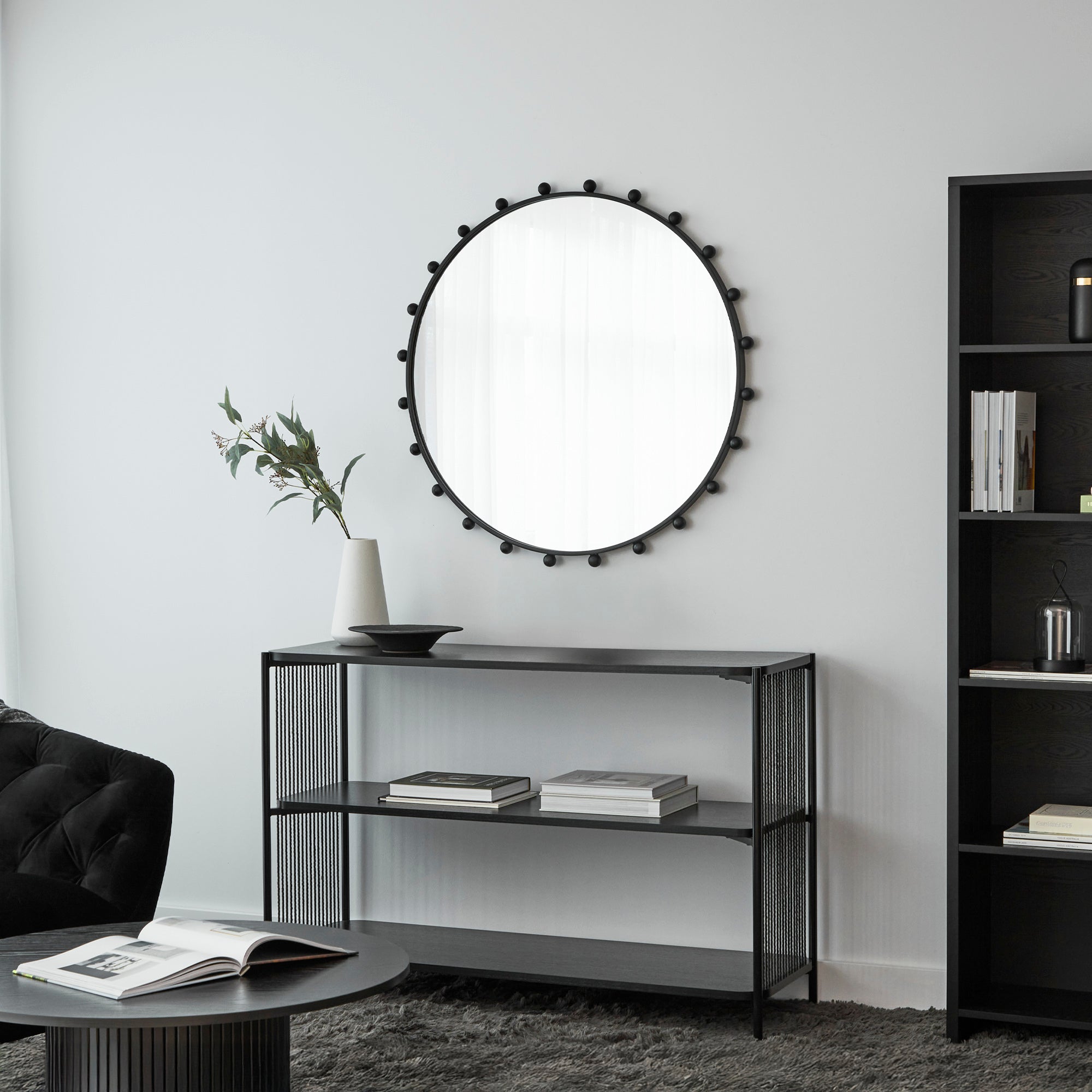 Orbit Sphere 90cm Round Mirror Black