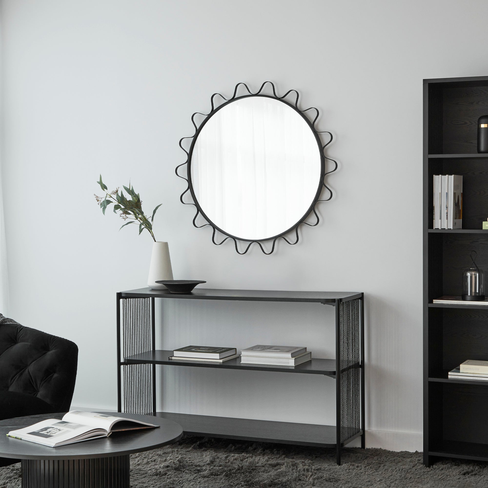 Aria Wavey 90cm Round Mirror Black