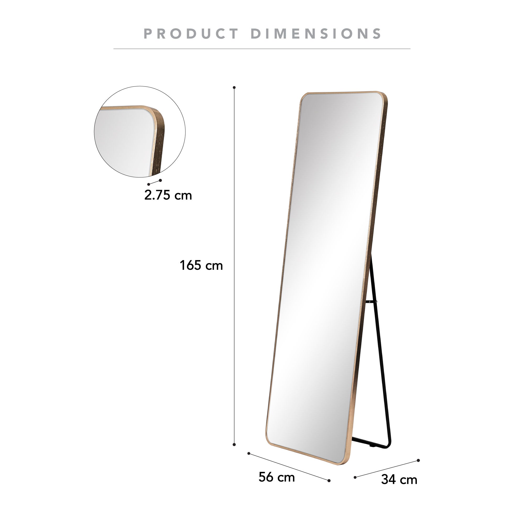 Elle 165cm Rectangle Standing Full Length Mirror Gold