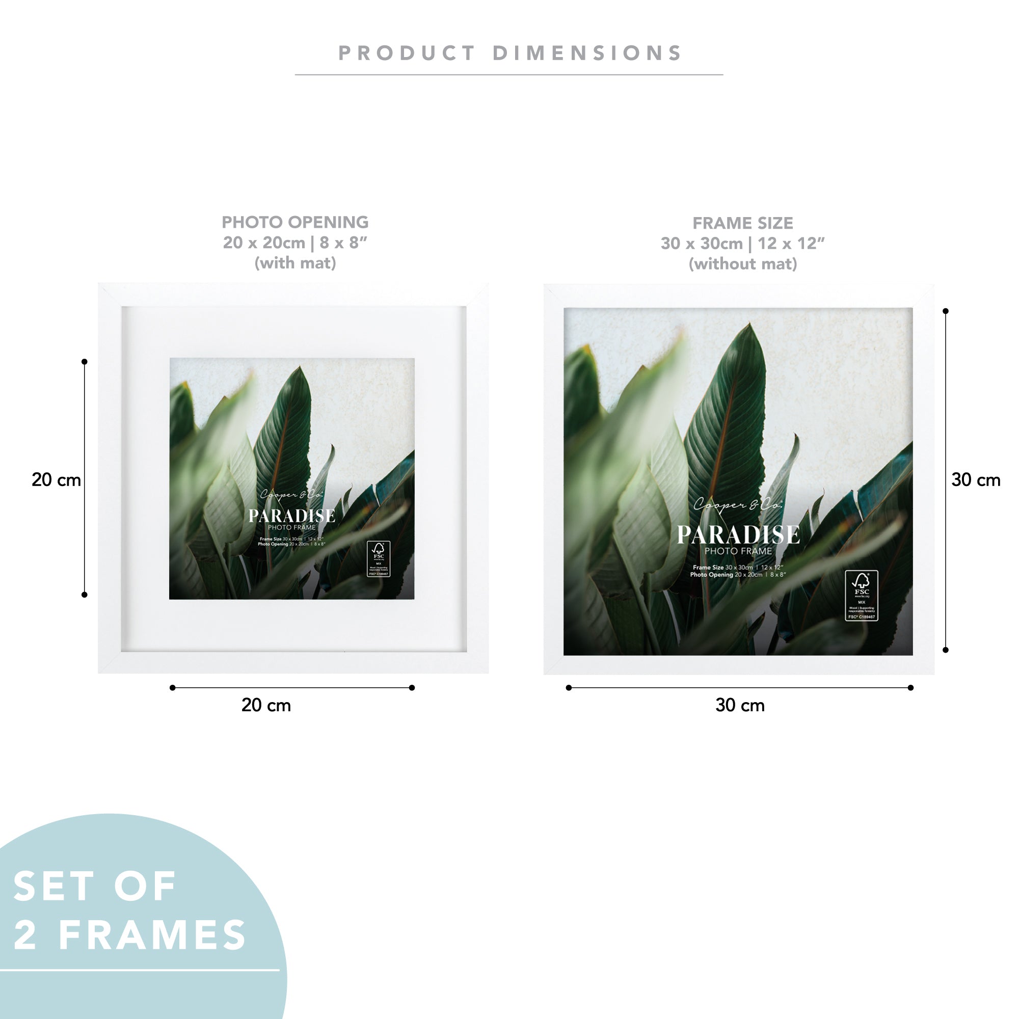 Set Of 2 30x30cm Mat to 20x20cm Premium Paradise Wooden Photo Frame