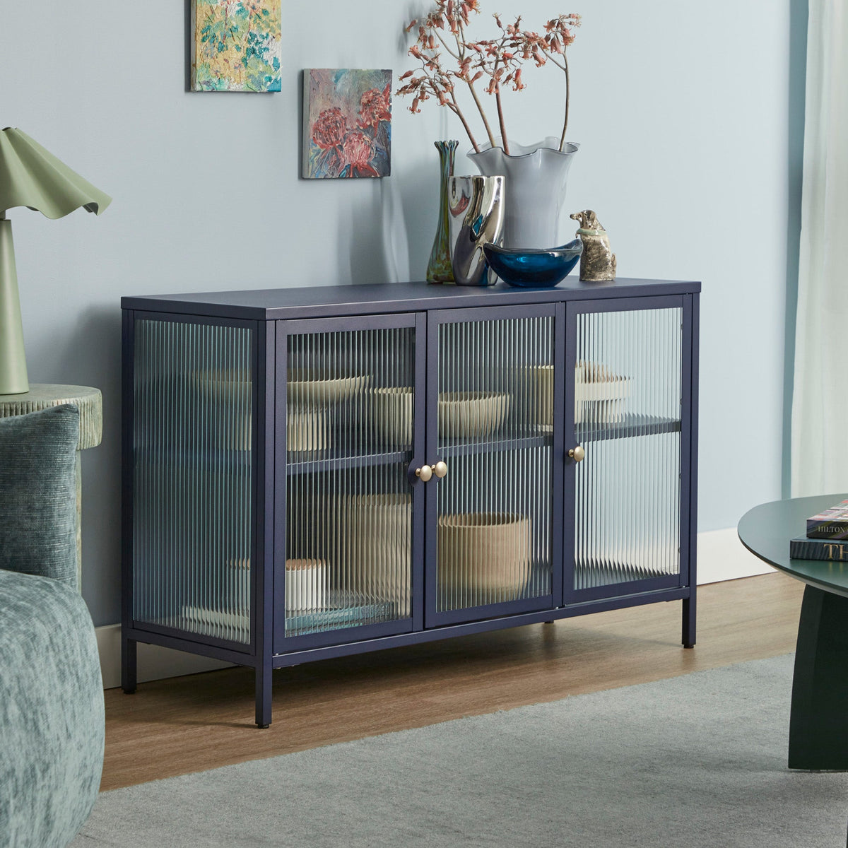 Ella 3 Door Modern Metal Buffet Navy